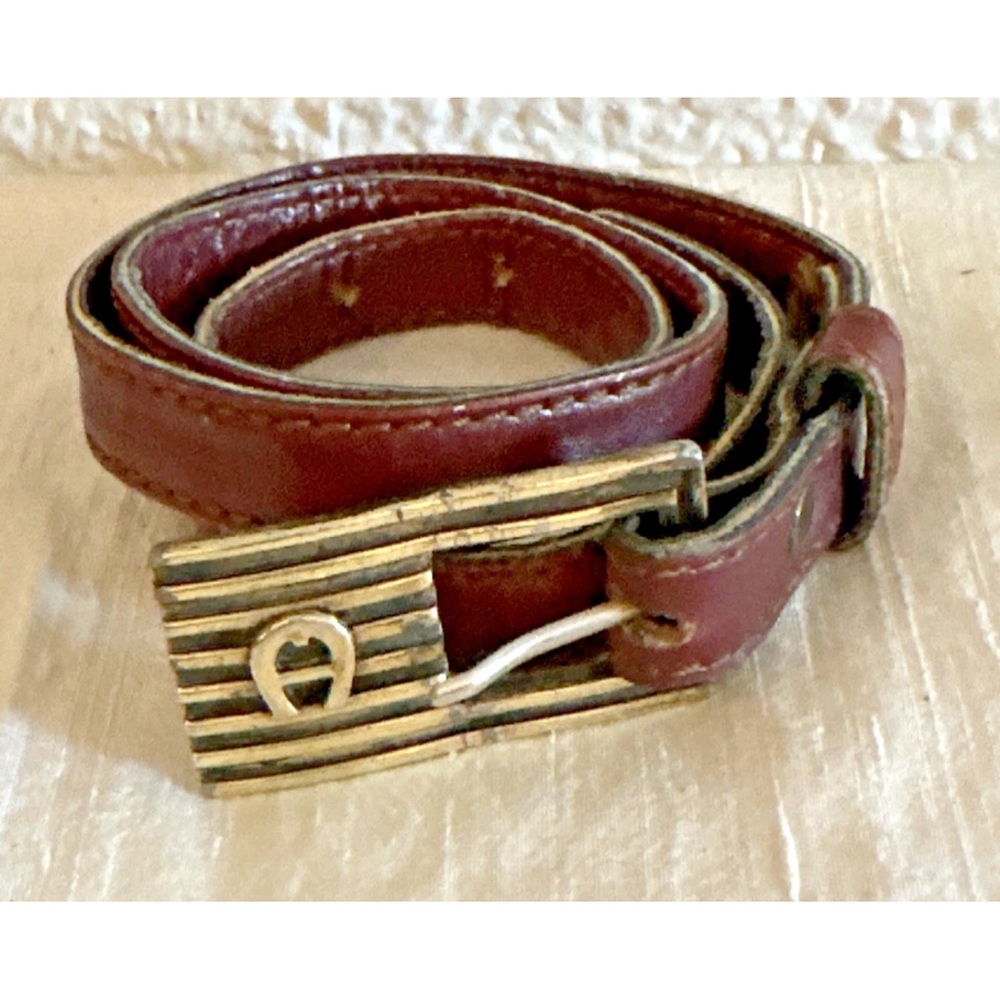 Etienne Aigner HANDMADE Leather Belt 30 Logo Buckle Skinny Oxblood Red Vtg